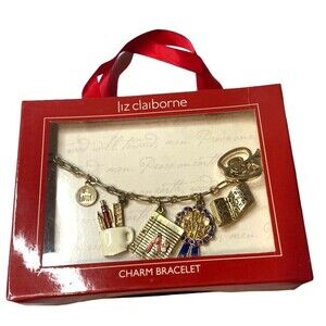 Teacher charm bracelet apple books paper cup pencils NIB Claiborne boho cute